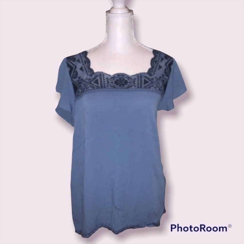 Francescas Alya Blue Embroidered Square Neck Tie Back Blouse Top Small NWT